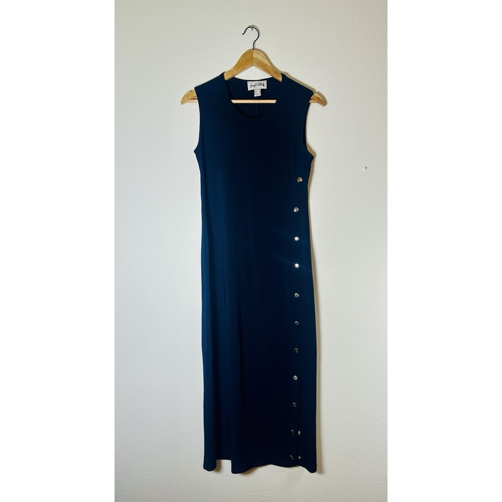 Joseph Ribkoff Navy Blue Maxi Dress Size 8 Sleeveless Button Side Detail Slit